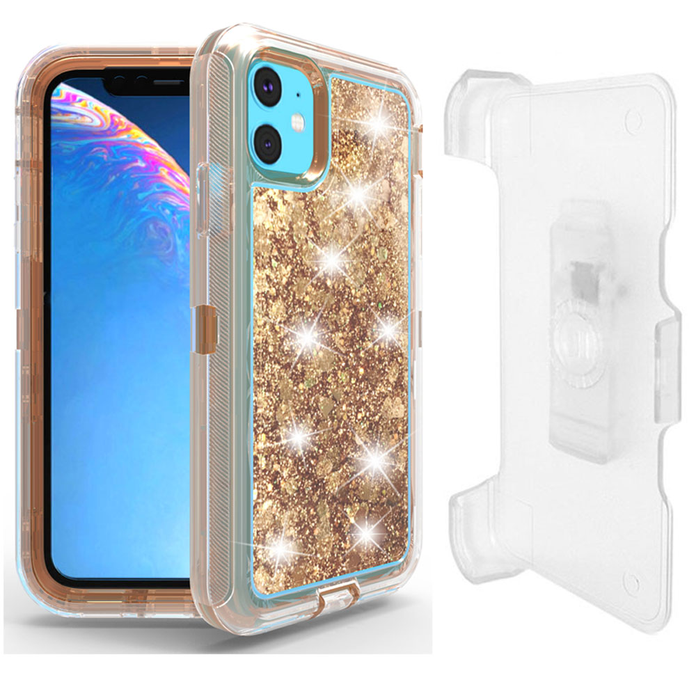iPHONE 11 Pro (5.8in) Star Dust Clear Liquid Armor Robot Case with Clip (Bronze Gold)